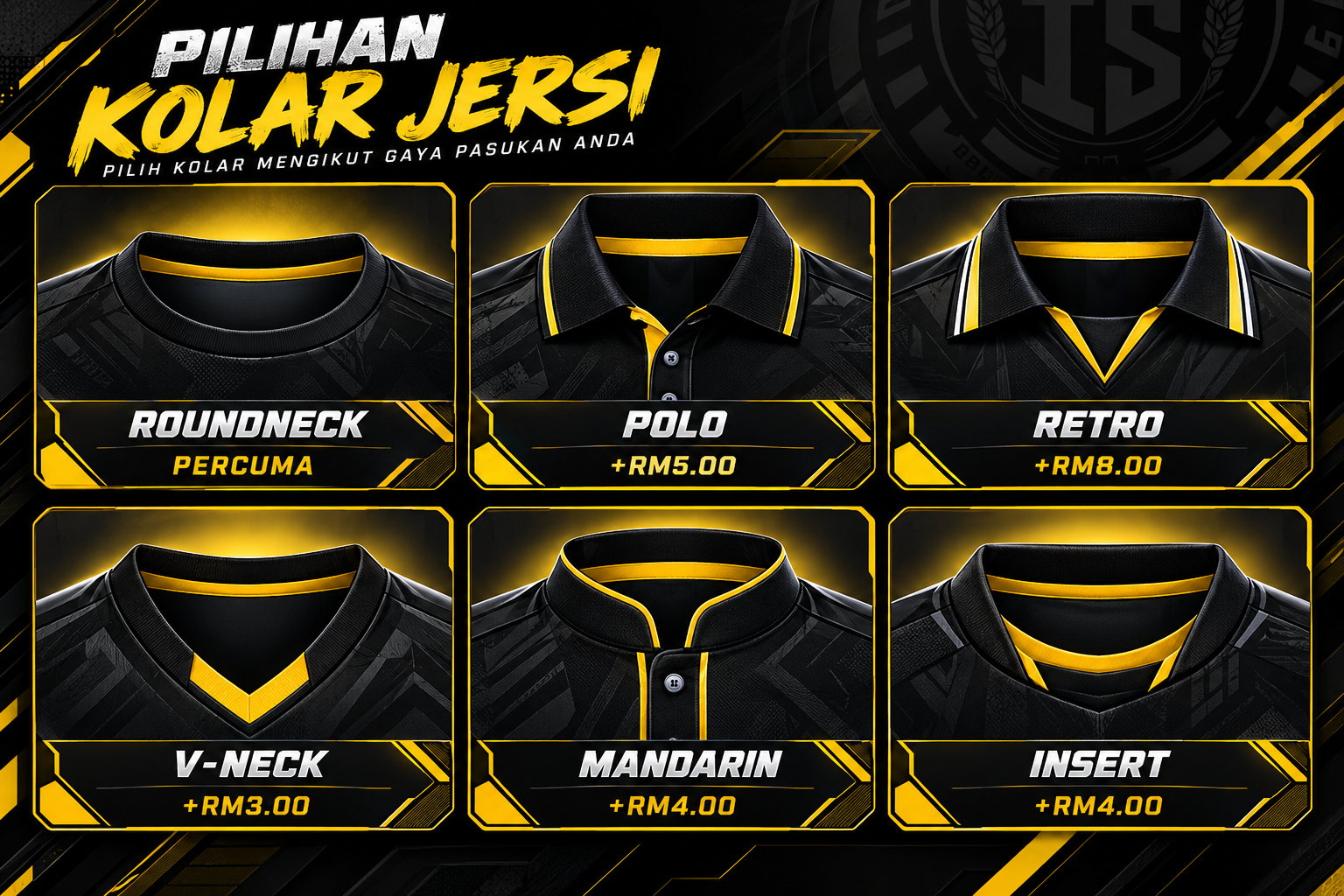 Enam pilihan kolar ISZ Ahmad Printing: Roundneck, Polo, Retro, V-neck, Mandarin dan Insert