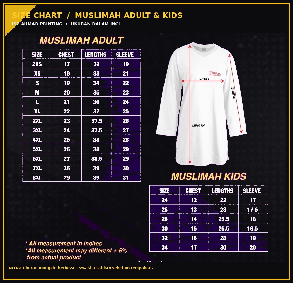 Carta saiz Muslimah dewasa dan kanak-kanak